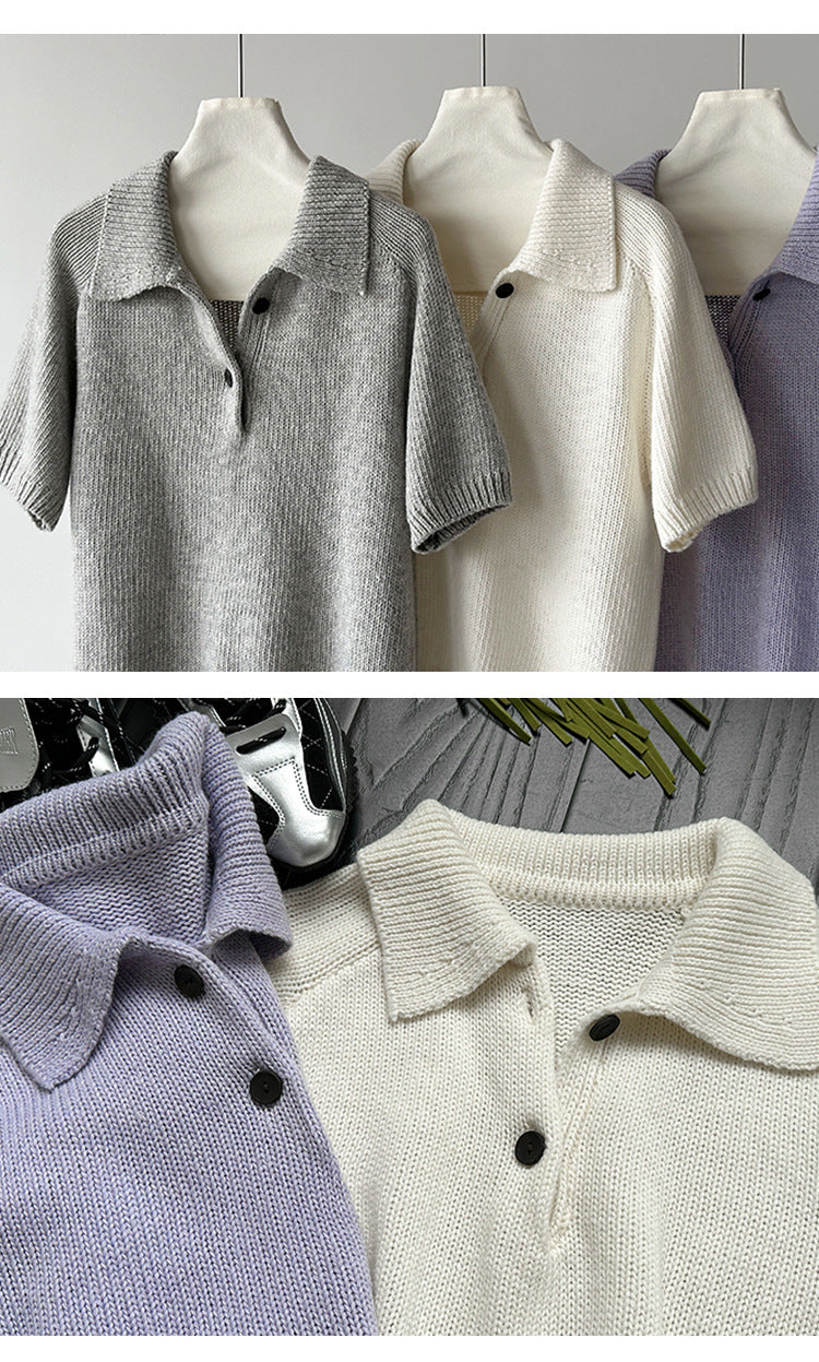 韓系氣質疊穿簡約Polo領針織顯瘦短袖毛衣-3色
