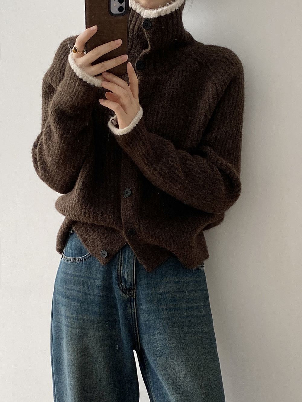 (48H出貨)韓系慵懶撞色翻領單排扣毛衣開衫外套-4色