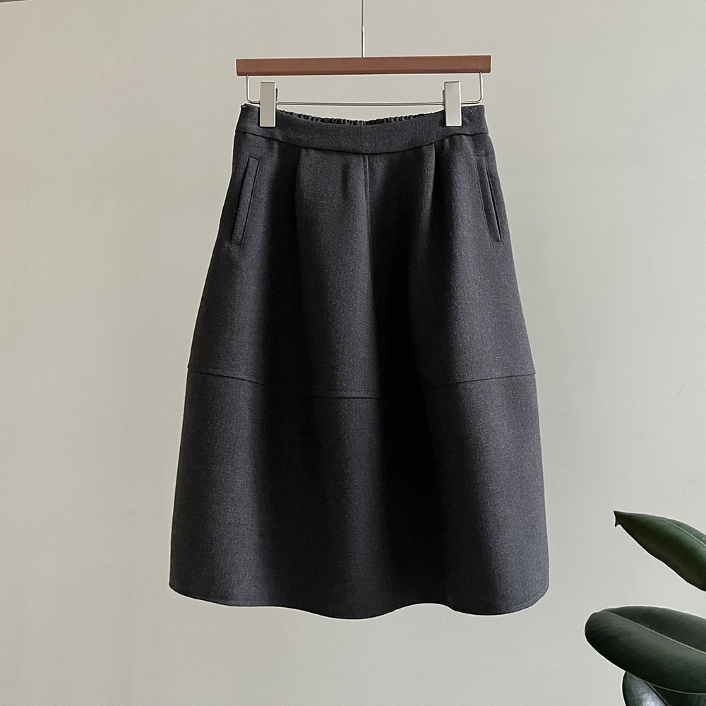 復古高腰壓褶A字毛呢五分半身裙-2色