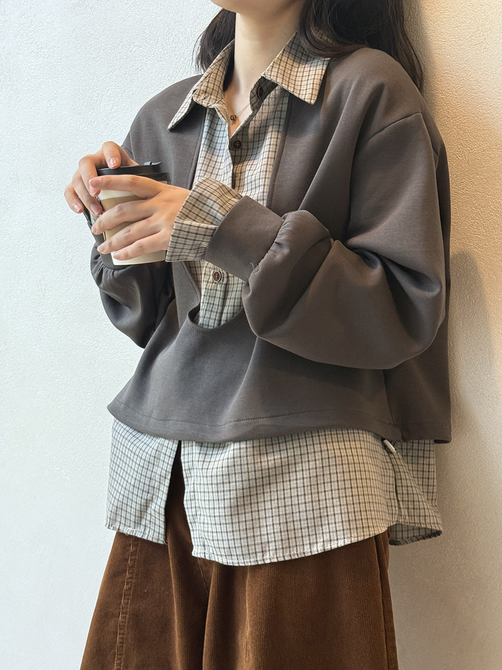 復古假兩件拼接格紋襯衫短上衣-2色