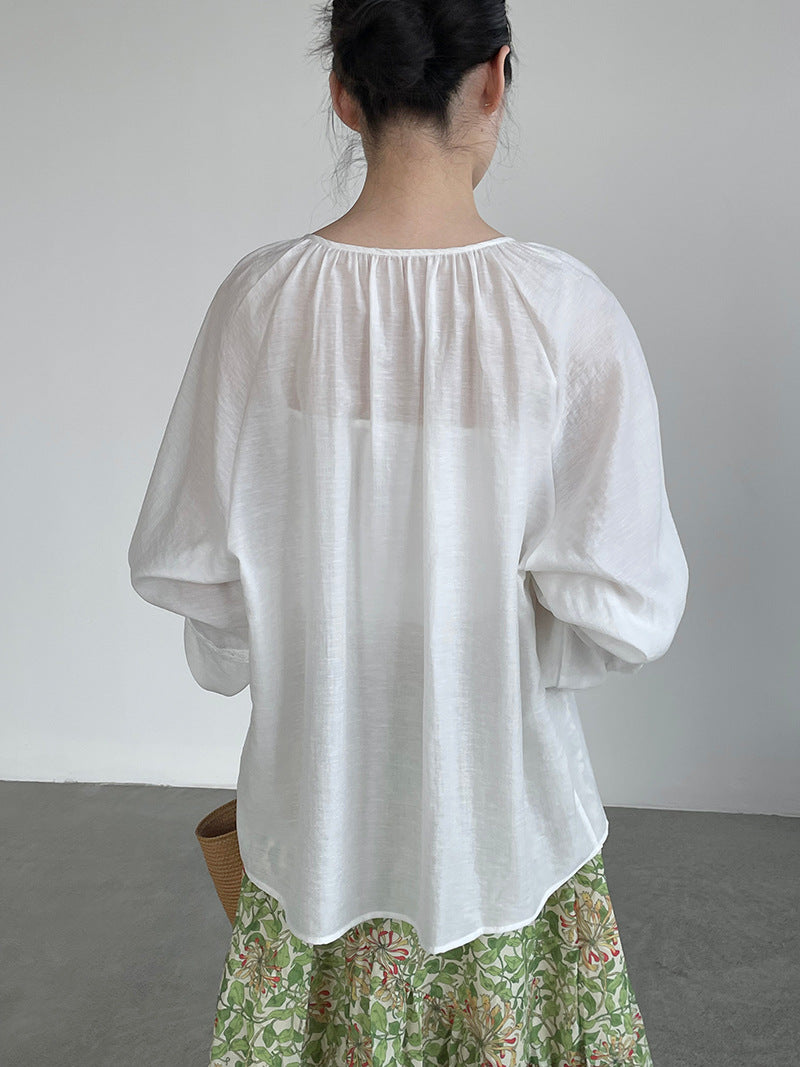 法式刺繡拼接燈籠袖圓領娃娃衫襯衫-2色