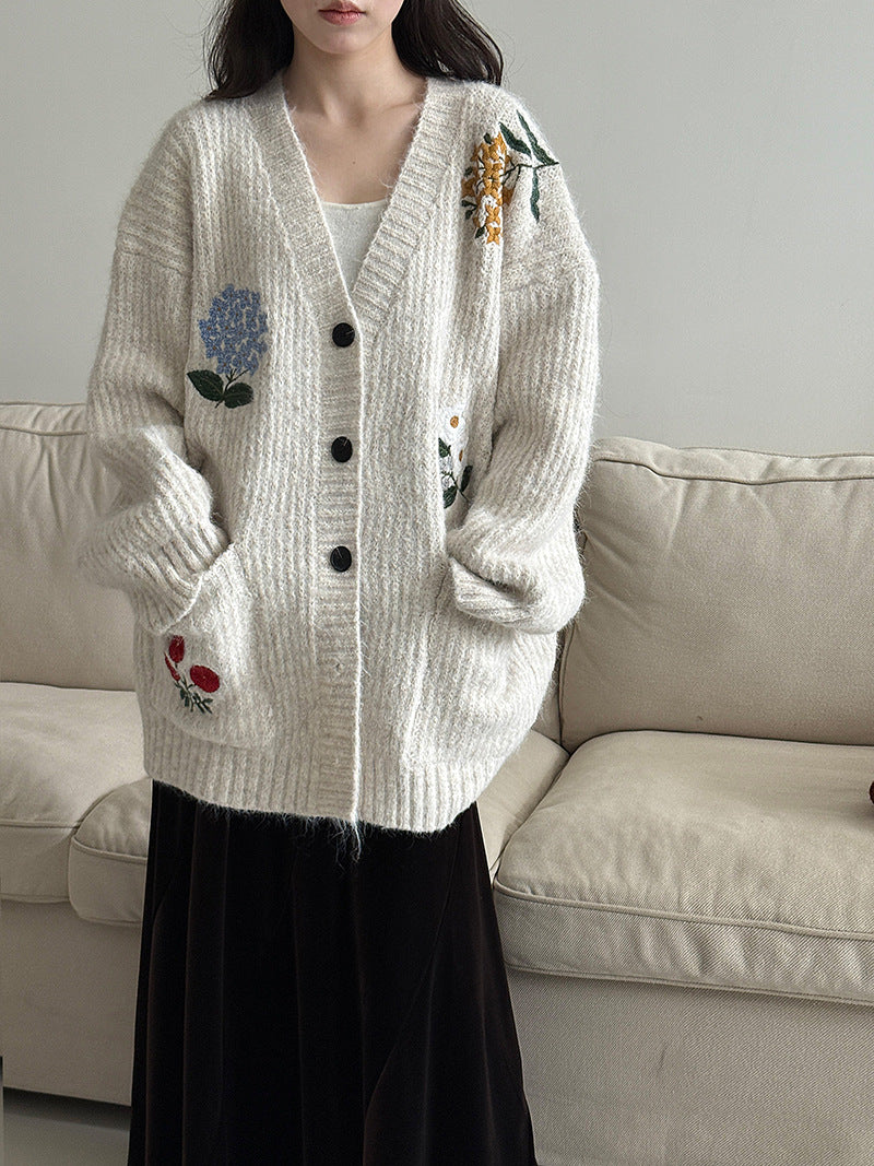韓系復古軟糯花卉刺繡針織開衫外套-4色