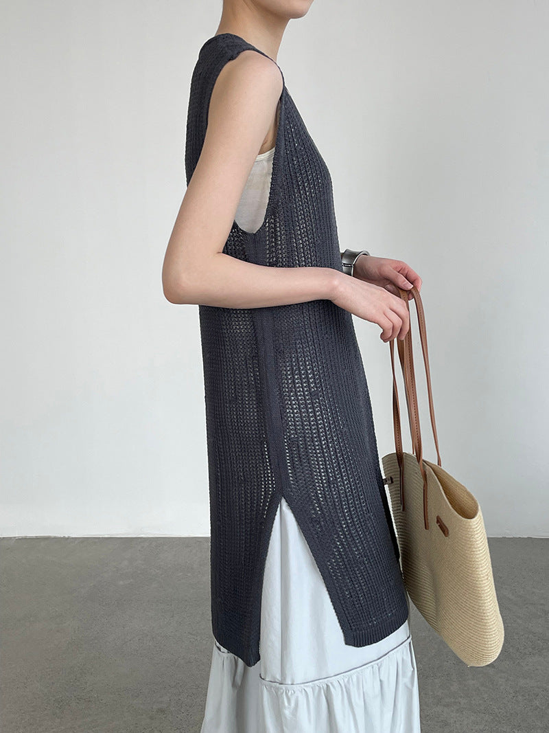 韓系側開叉圓領疊穿鏤空中長背心連身裙-4色