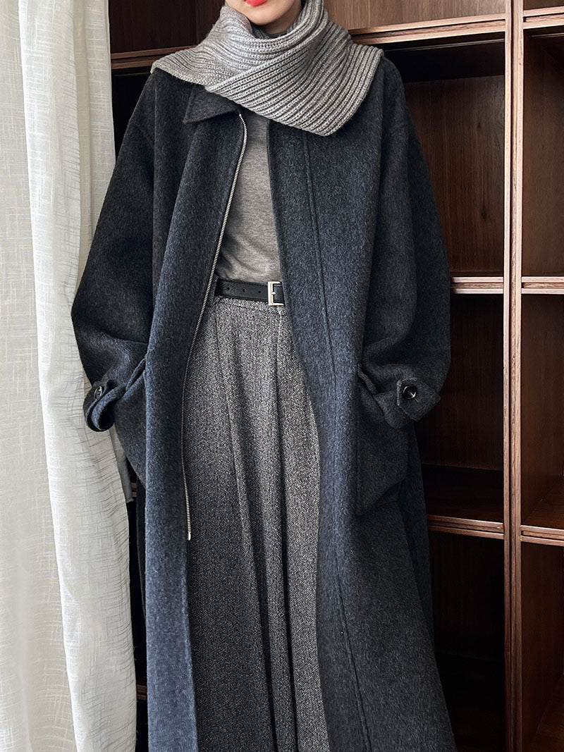 韓系高質感羊毛翻領拉鍊雙面呢大衣外套-2色