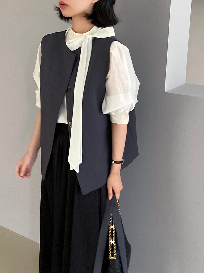 韓版高品質顯瘦西裝無袖馬甲+半身裙+配腰帶-三件式套裝