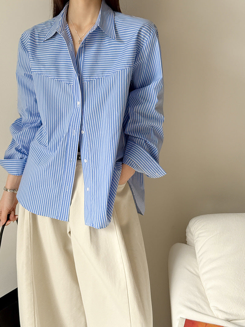 韓版百搭通勤氣質條紋疊穿長袖襯衫-2色