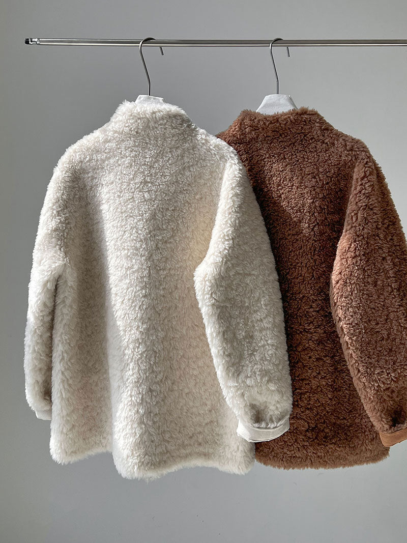 美拉德立領羊羔毛皮毛一體外套大衣-2色