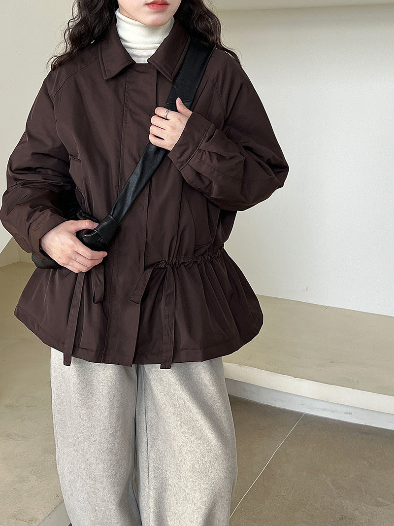 復古老錢風翻領抽繩風衣外套-2色