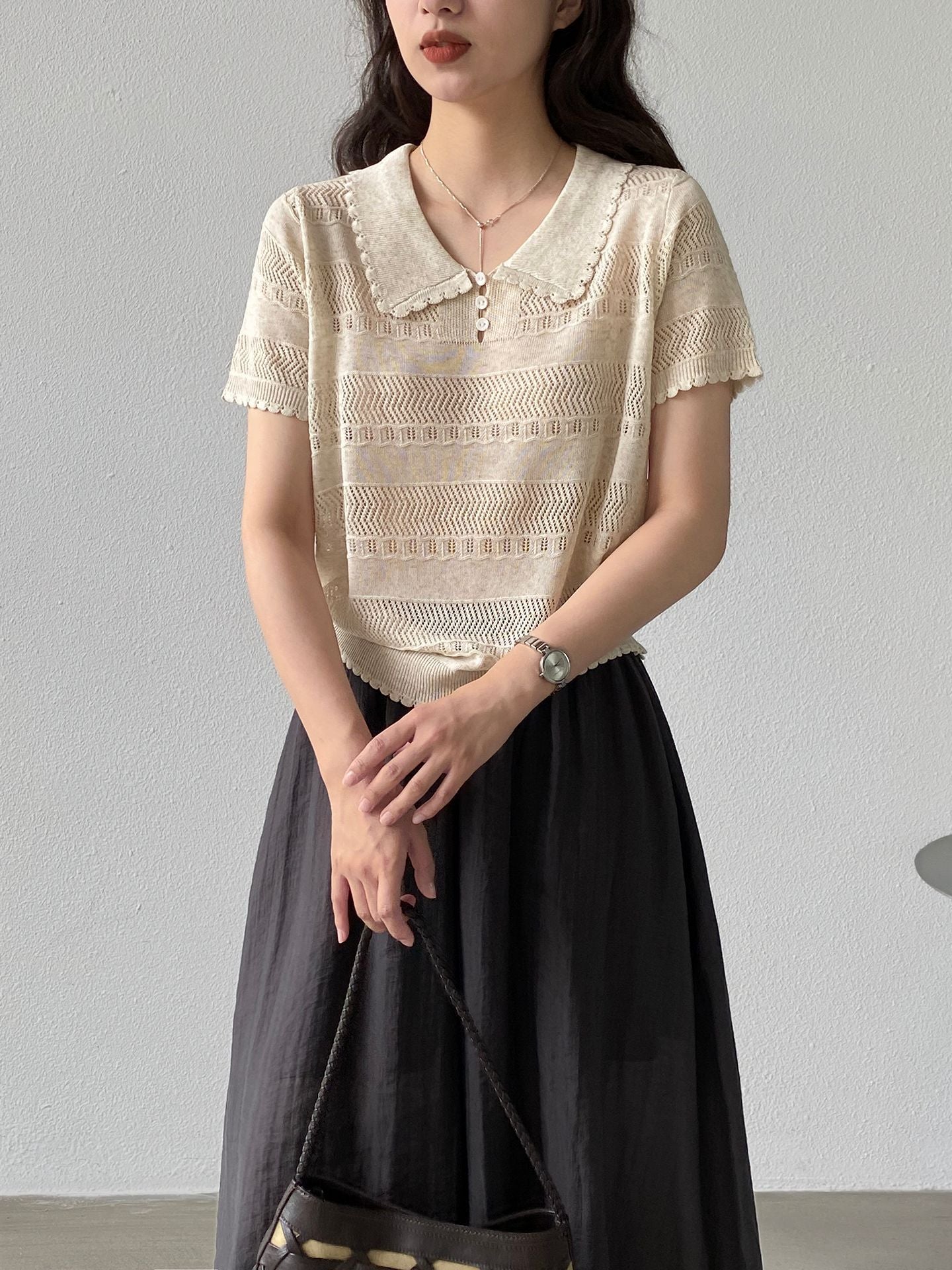 韓系鏤空翻領小香風短袖針織T恤-4色