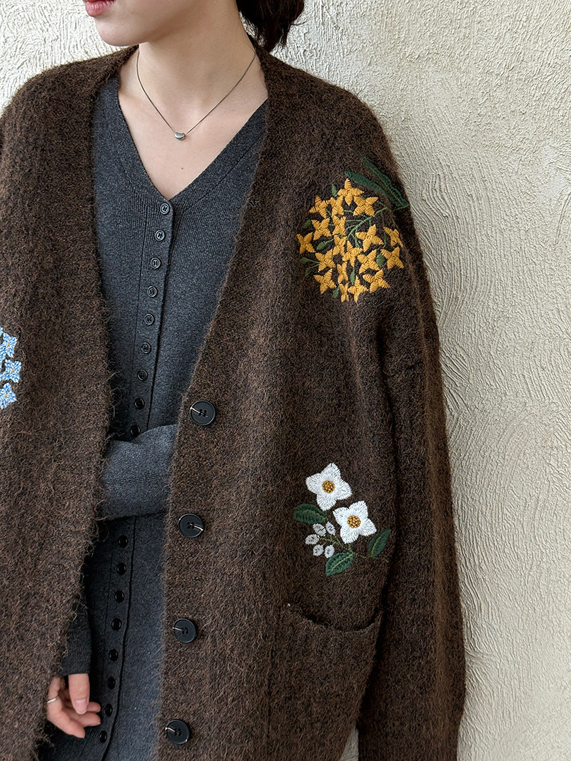 韓系復古軟糯花卉刺繡針織開衫外套-4色