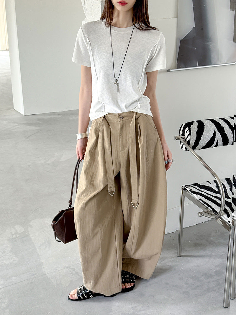 韓系寬鬆顯瘦褶皺高腰薄款西裝闊腿褲-2色