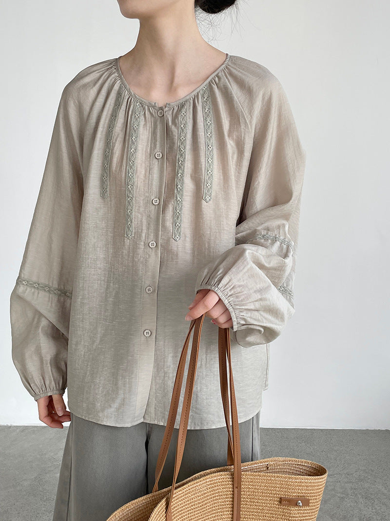 法式刺繡拼接燈籠袖圓領娃娃衫襯衫-2色