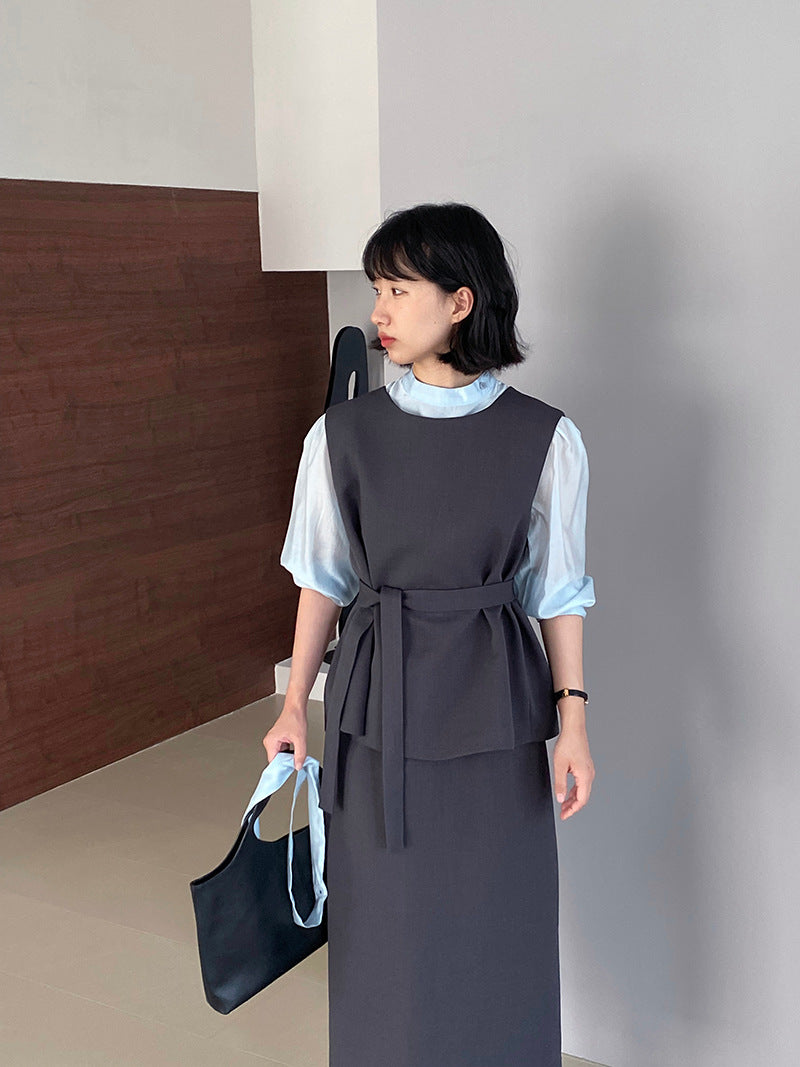 韓版高品質顯瘦西裝無袖馬甲+半身裙+配腰帶-三件式套裝