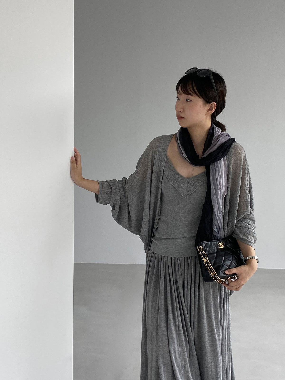 桑蠶絲羊毛長袖披肩+吊帶+長裙-三件式套裝-5色