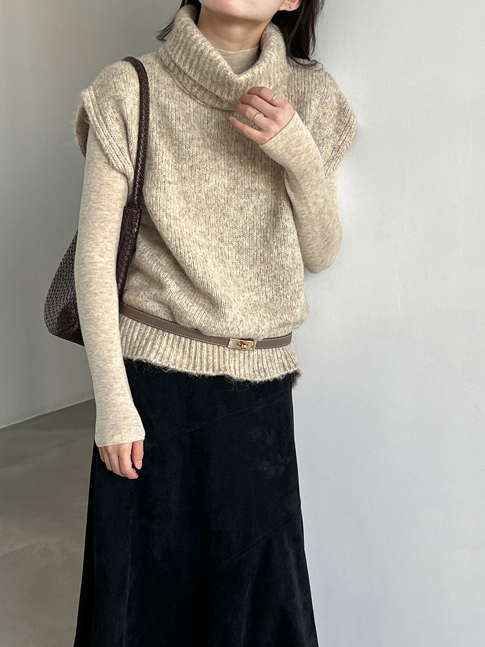 慵懶風羊毛捲邊領鬆弛感無袖針織馬甲-3色