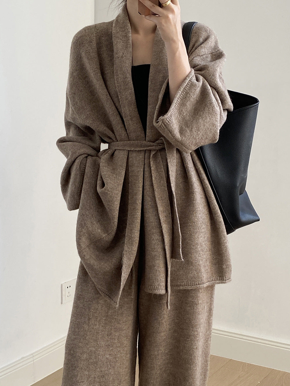 (48H出貨)高級慵懶風繫帶針織開衫+高腰闊腿褲-兩件式套裝-3色