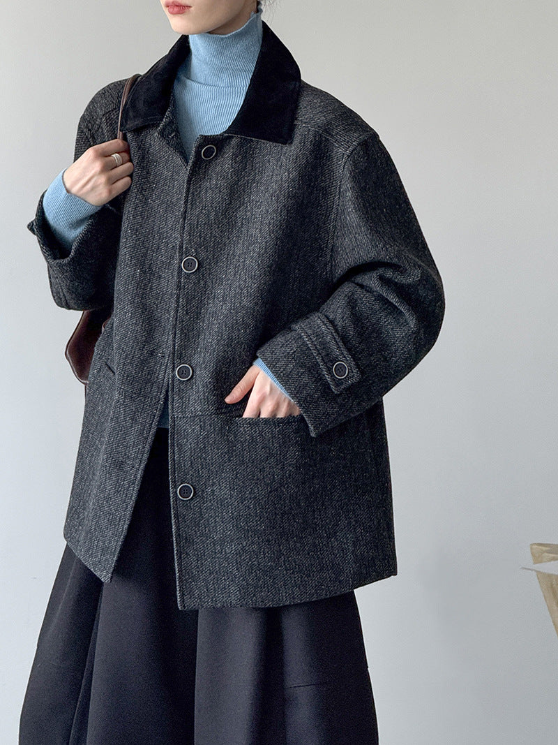 韓系復古翻領氣質撞色羊毛夾克外套-2色