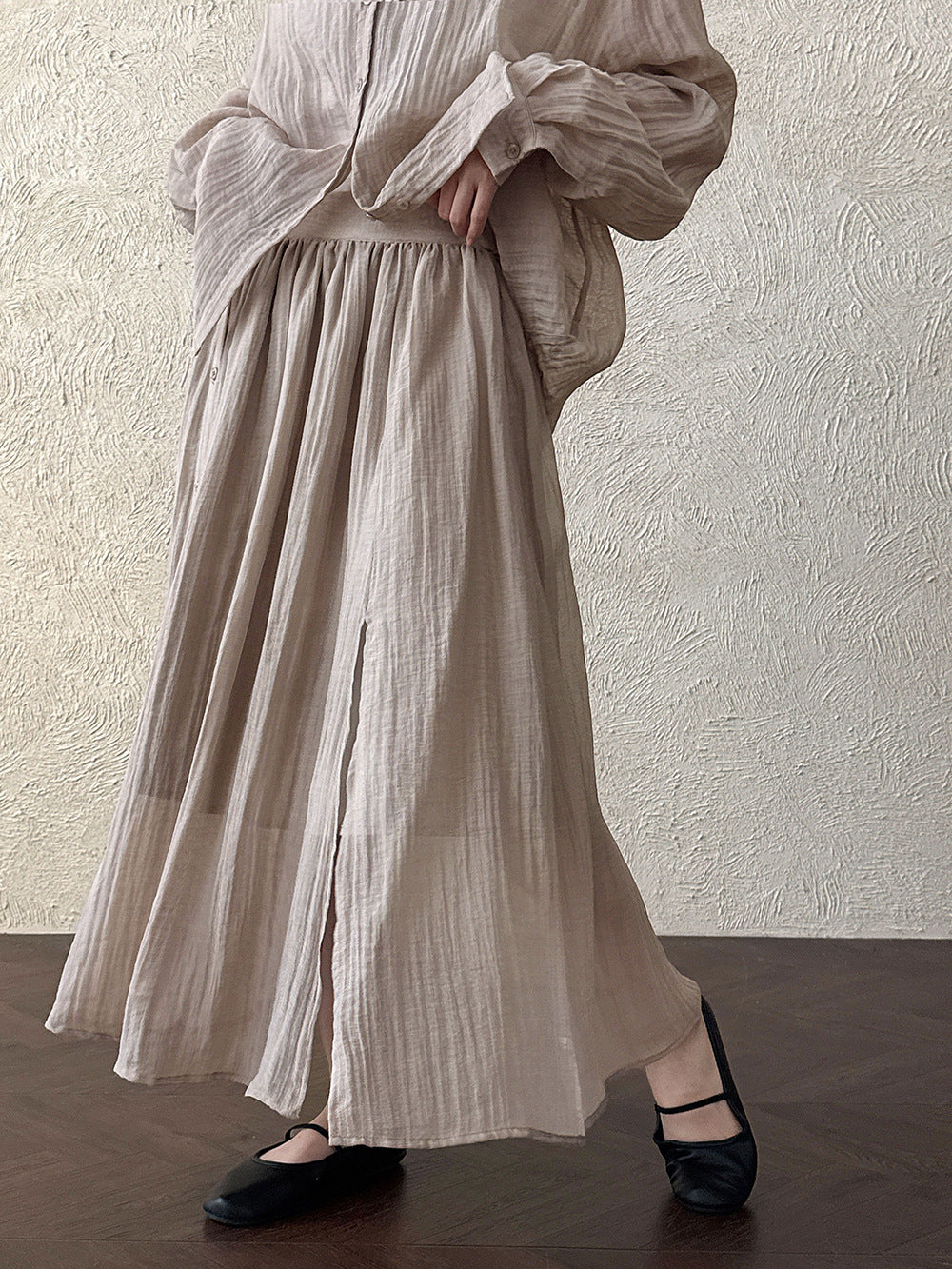 復古慵懶春感打褶襯衫+休閒半身裙-兩件式套裝-3色