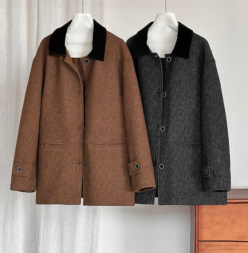 韓系復古翻領氣質撞色羊毛夾克外套-2色