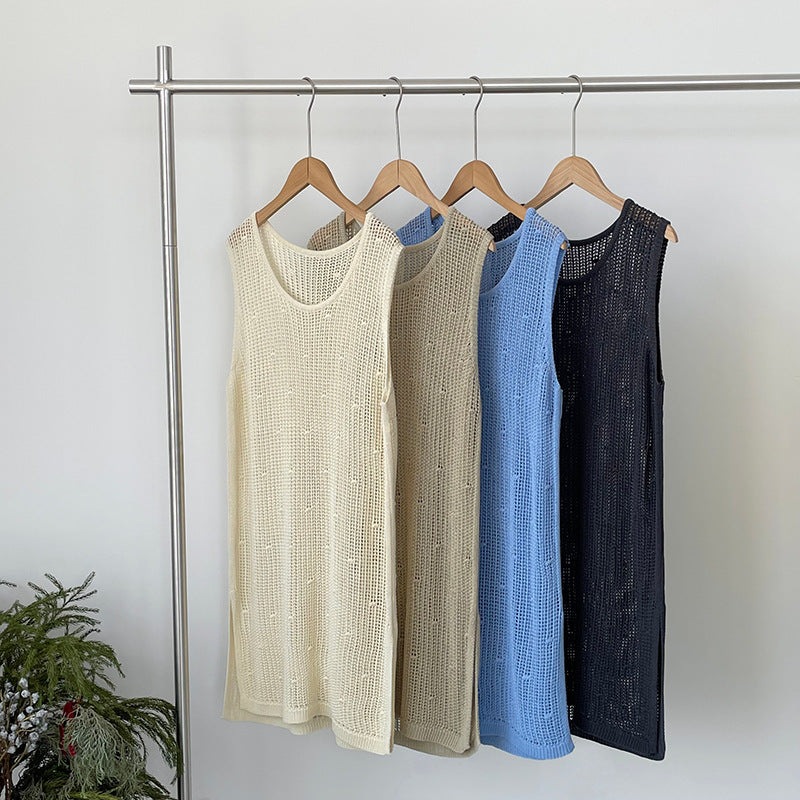 韓系側開叉圓領疊穿鏤空中長背心連身裙-4色