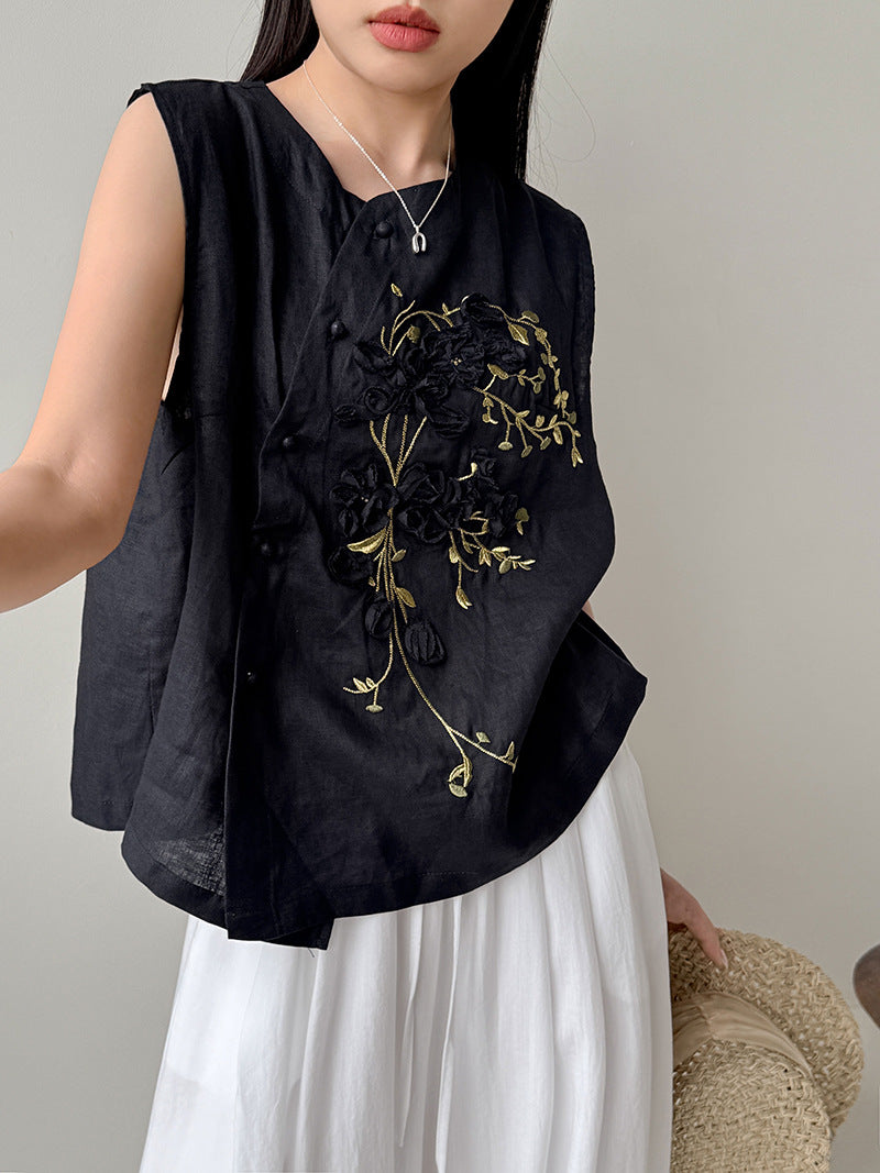 韓系刺繡新中式亞麻無袖馬甲-2色