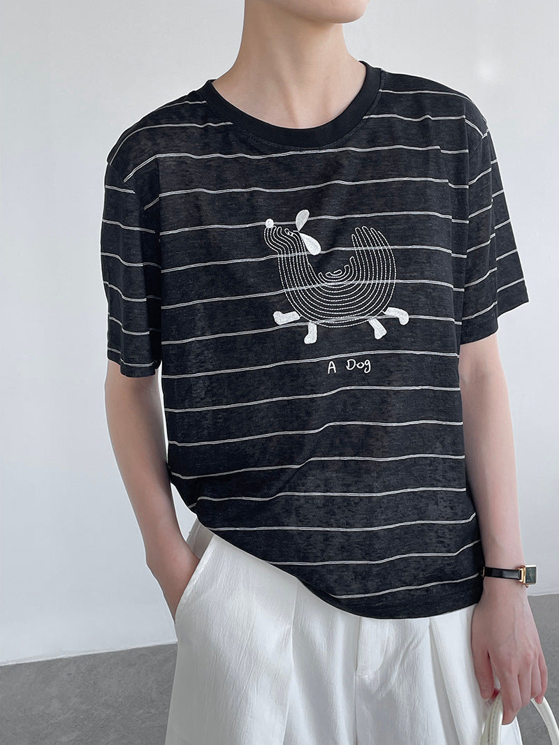 韓系條紋小狗刺繡涼感圓領寬鬆短袖T恤-3色