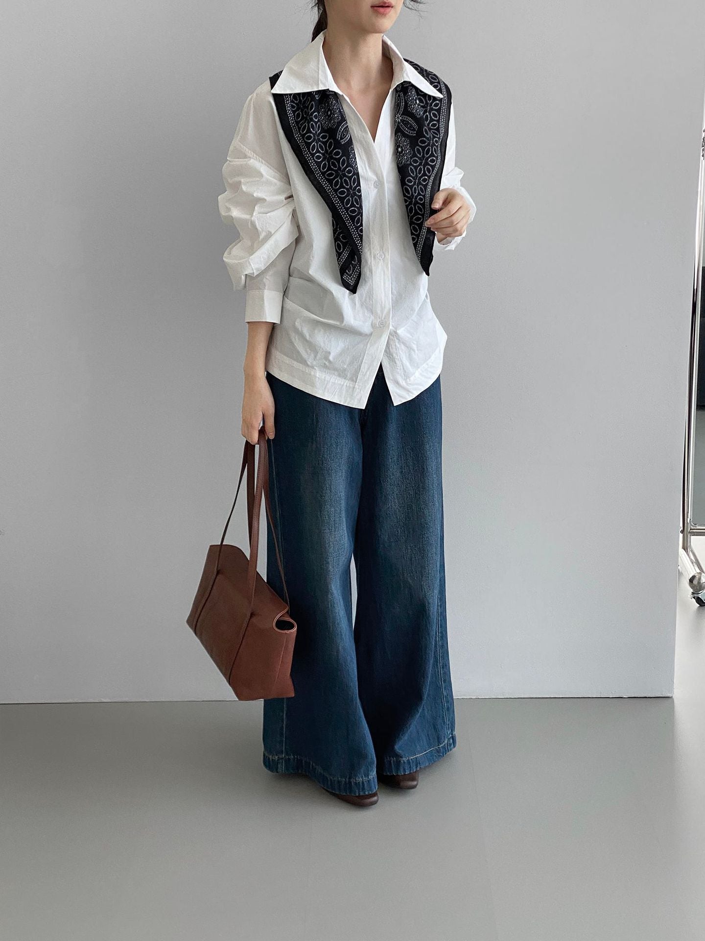 韓系通勤氣質顯瘦抽褶收腰襯衫+含披肩-3色