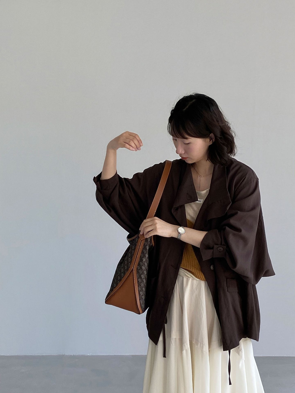 松系美學老錢風廓形蝙蝠袖亞麻風衣