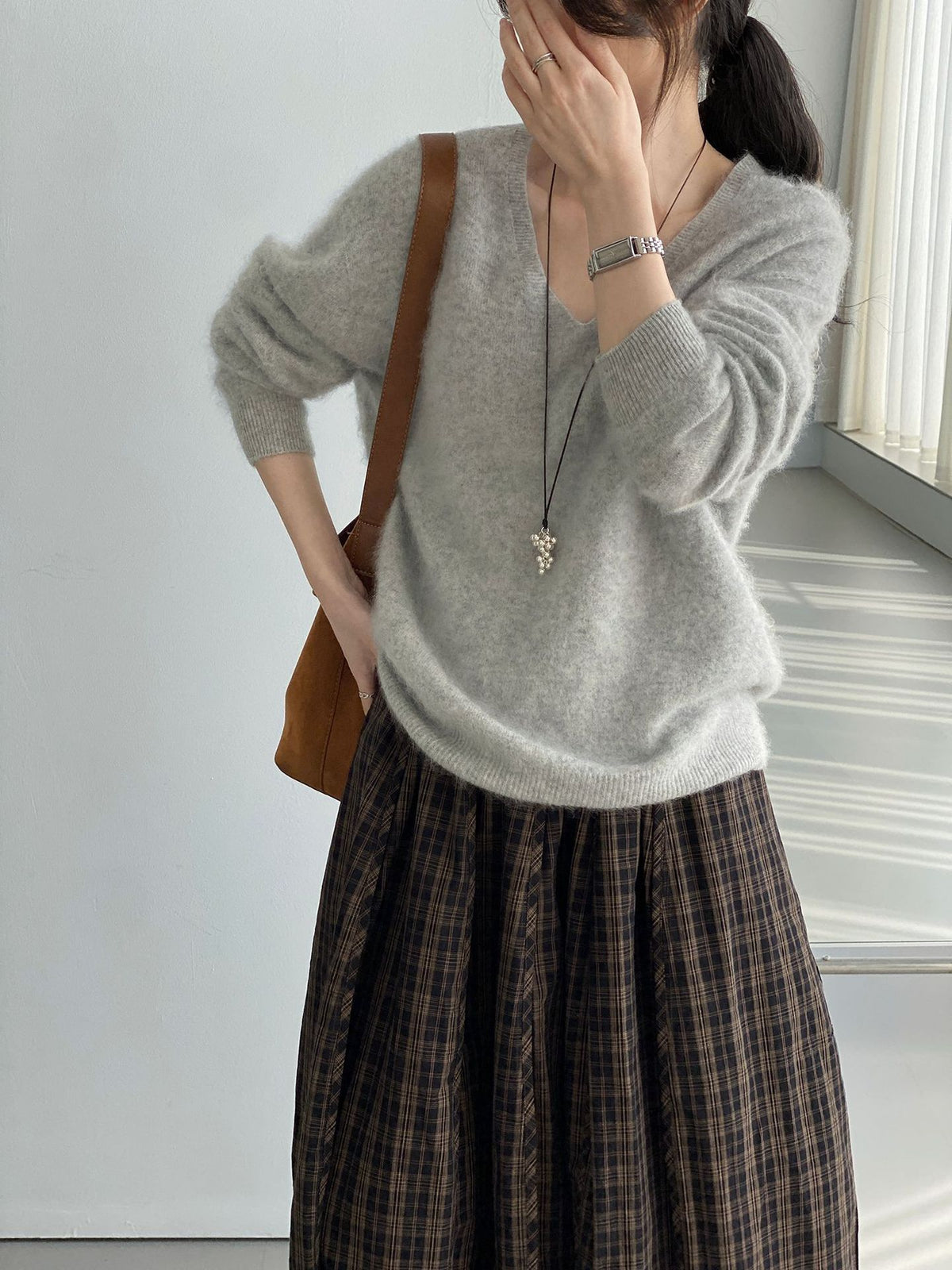 桑蠶絲羊毛V領寬鬆針織毛衣-7色