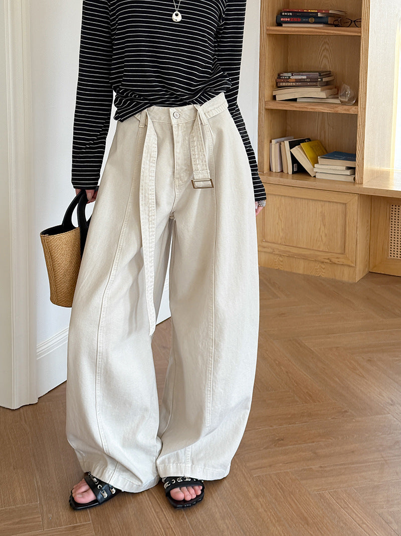 韓系復古高腰寬鬆顯瘦闊腿牛仔褲+腰帶-3色