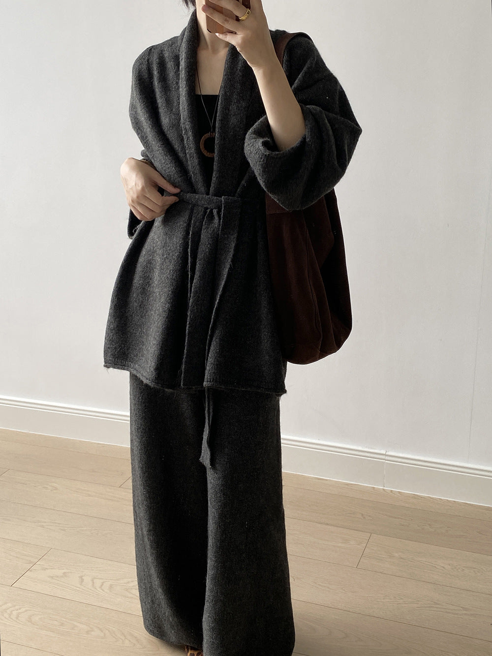 (48H出貨)高級慵懶風繫帶針織開衫+高腰闊腿褲-兩件式套裝-3色