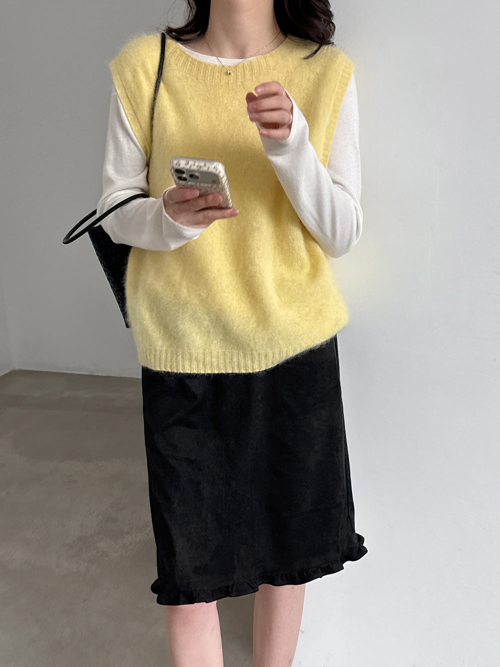 韓式通勤鬆緊腰花邊拼接下襬A字半身裙