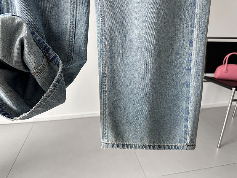 韓系小衆水洗可拆牛仔屁簾高腰顯瘦直筒牛仔褲