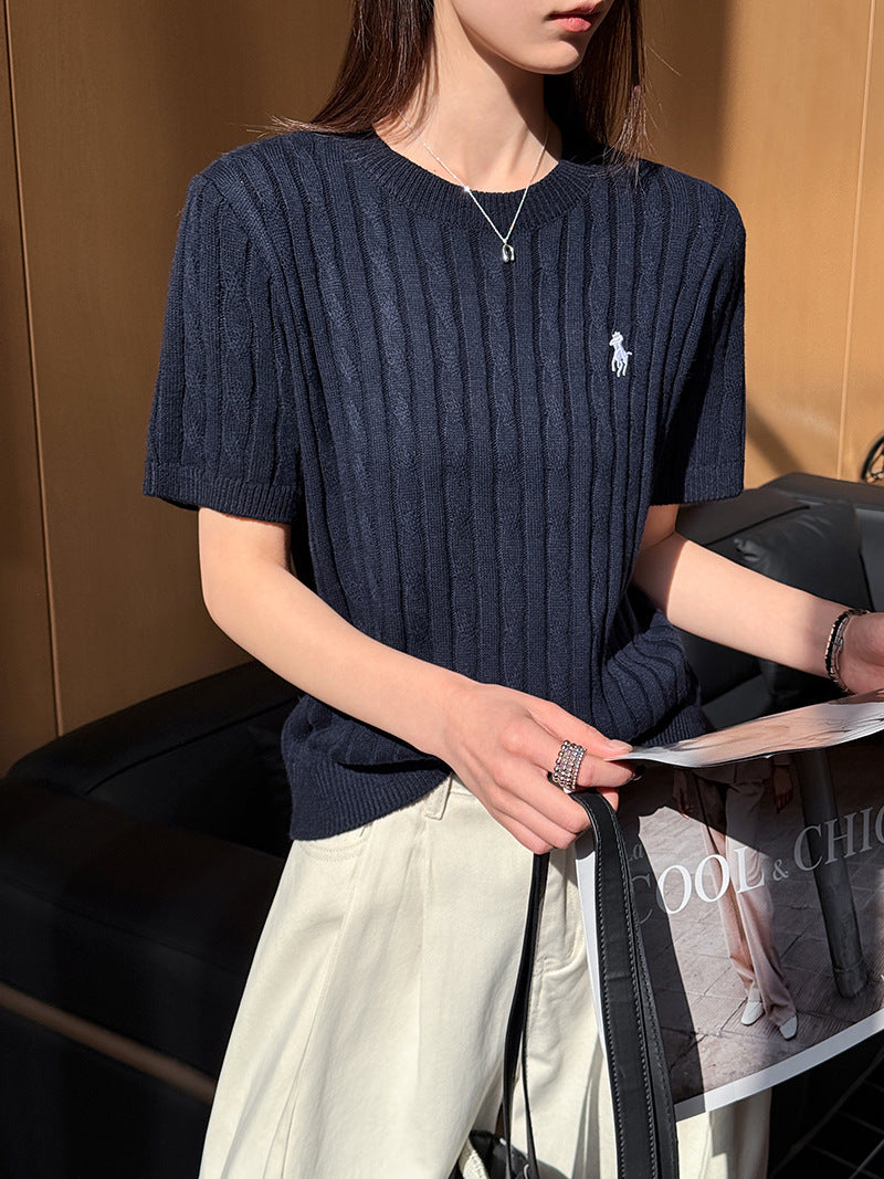 經典老錢風麻花圓領短袖針織衫-3色