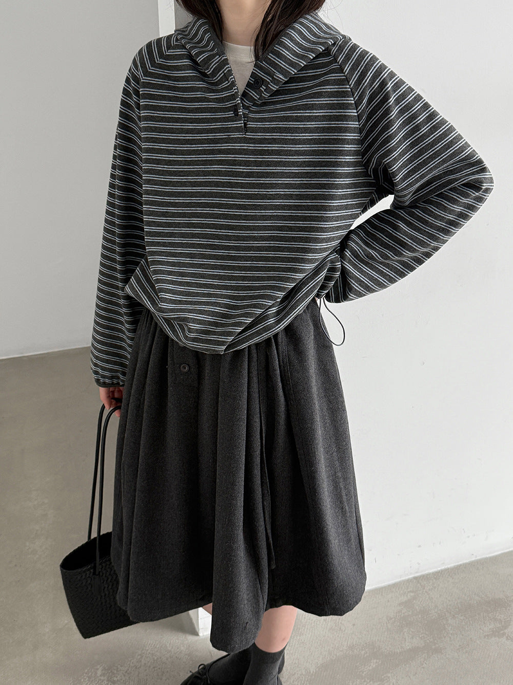 鹿西 韓繫條紋半門襟連帽衛衣女26秋長袖休閒百搭鬆弛感上衣21111