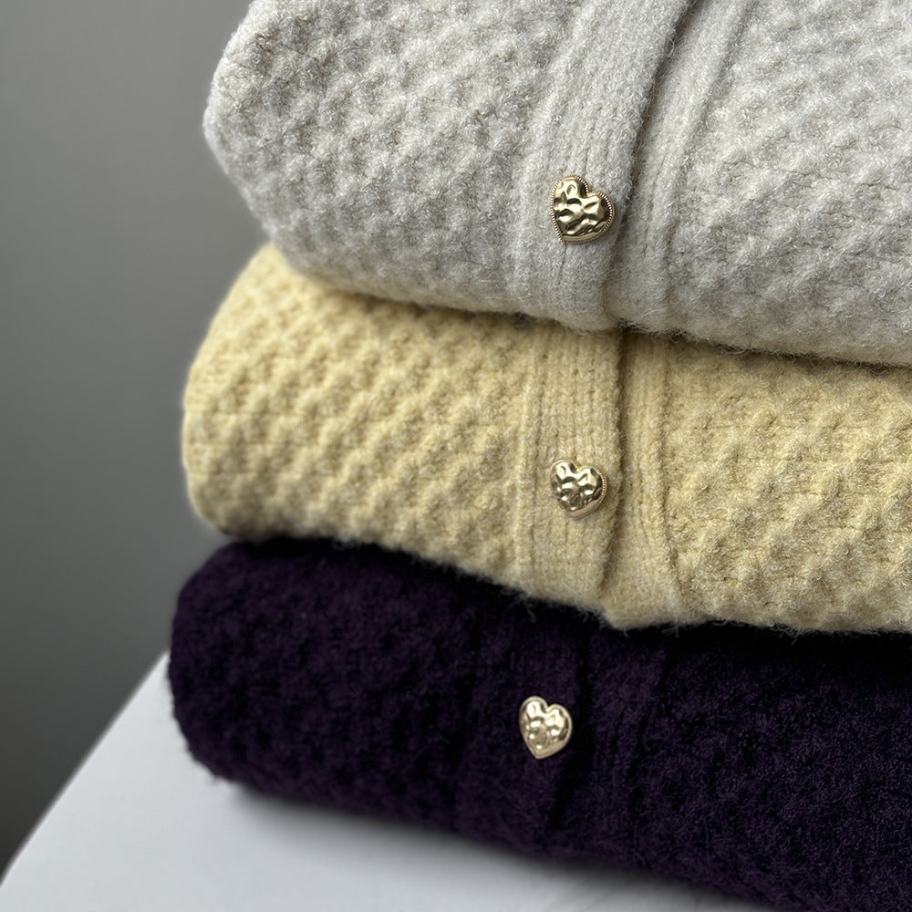 菠蘿紋愛心慵懶扣軟糯針織開衫-3色