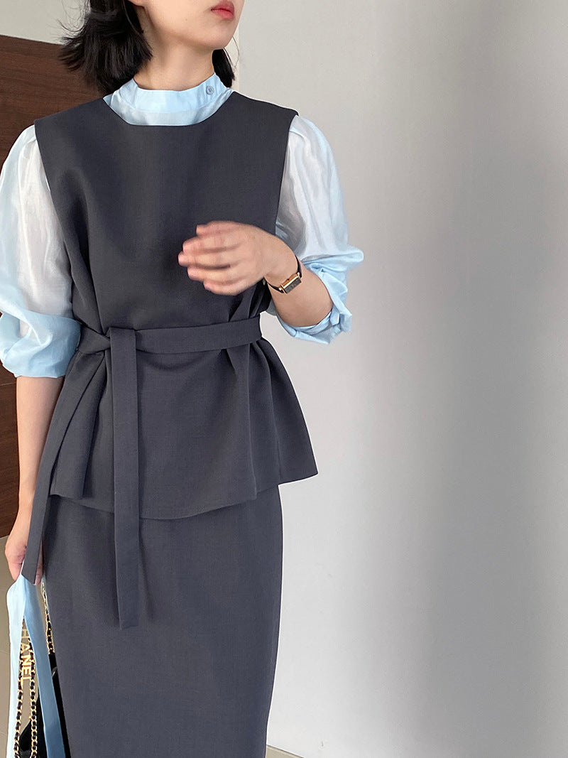 韓版高品質顯瘦西裝無袖馬甲+半身裙+配腰帶-三件式套裝