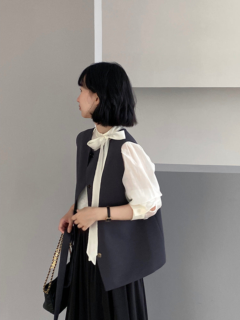 韓版高品質顯瘦西裝無袖馬甲+半身裙+配腰帶-三件式套裝