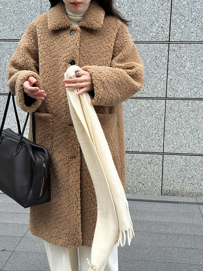 韓系加厚皮毛一體環保皮草羊羔毛大衣外套-2色