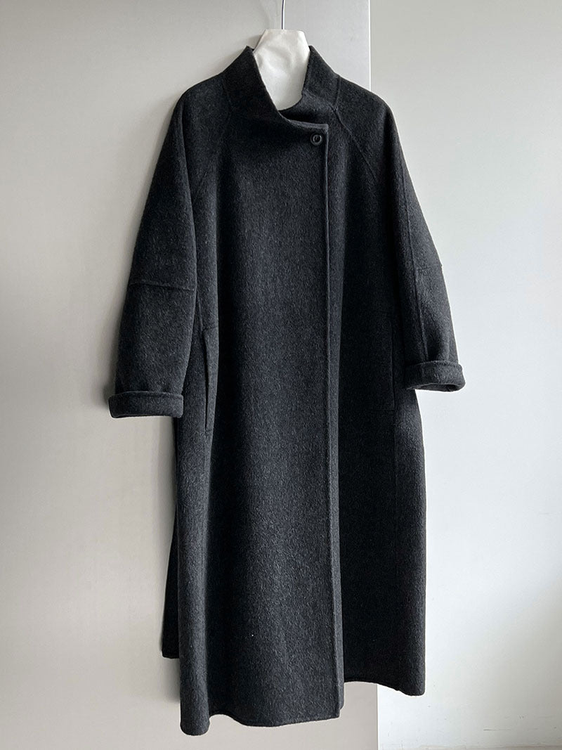 韓版慵懶斜扣領長款雙面呢羊毛大衣外套-3色