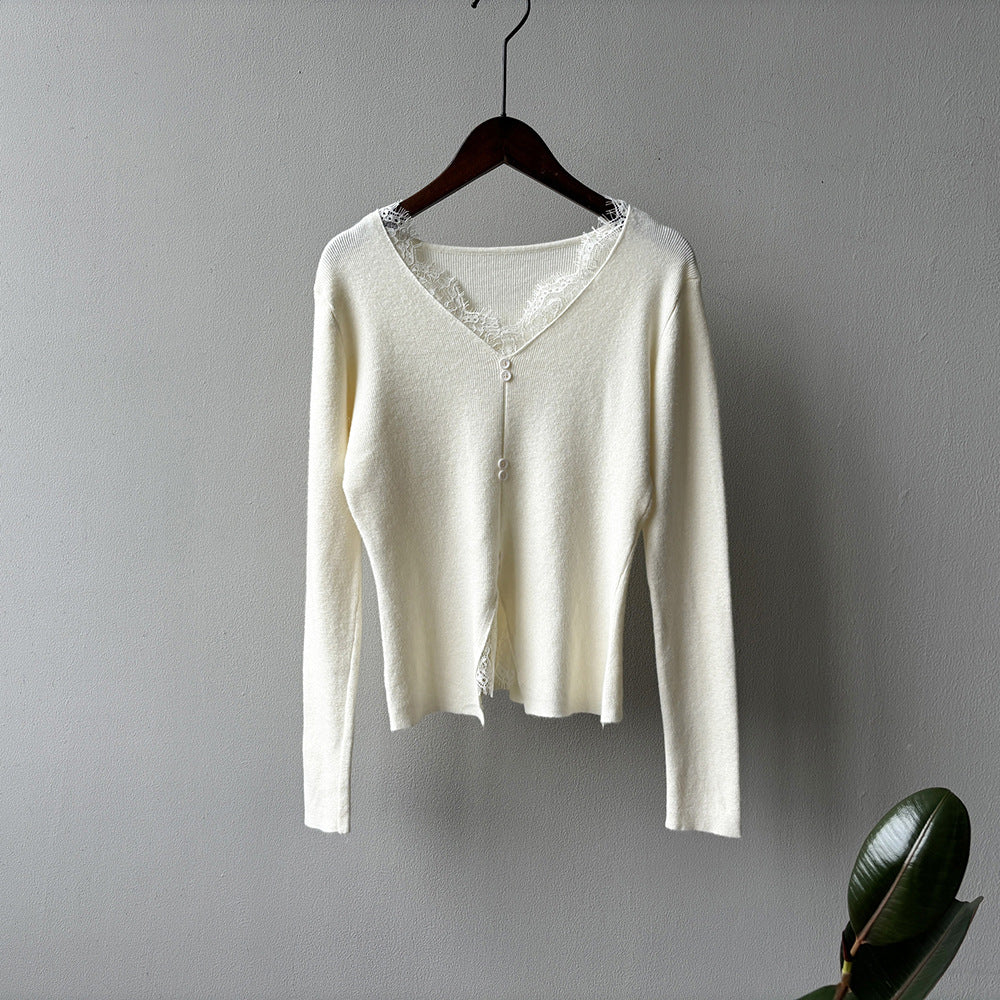 (48H出貨)法式蕾絲拼接V領針織打底衫-4色