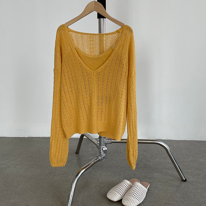 韓系鏤空V領防曬針織罩衫+吊帶上衣-兩件式套裝-4色