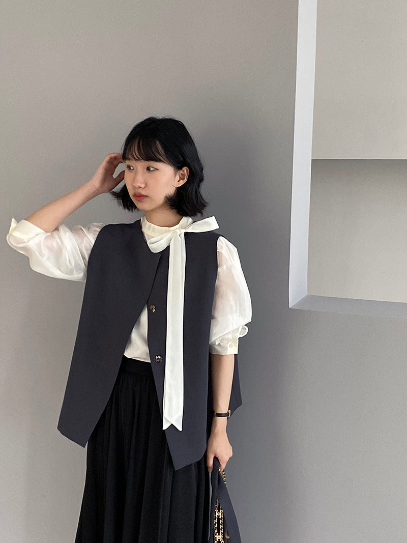 韓版高品質顯瘦西裝無袖馬甲+半身裙+配腰帶-三件式套裝