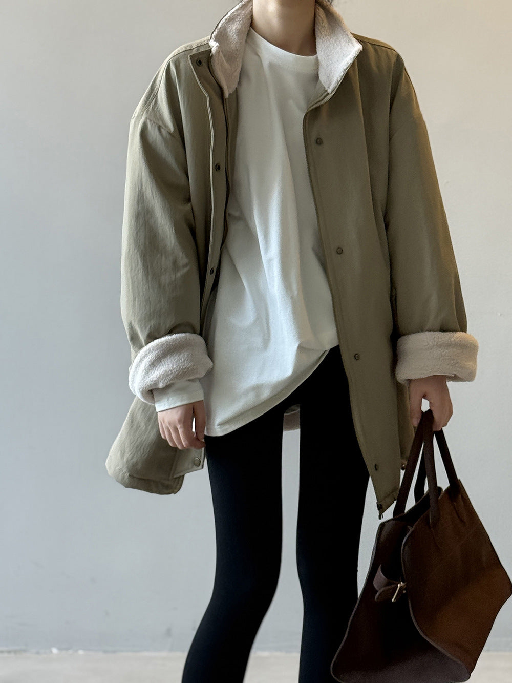 韓系設計感立領羊羔毛工裝保暖派克外套-2色