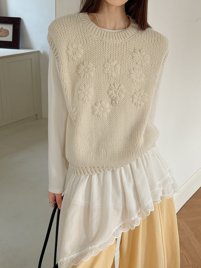韓系通勤風圓領鉤花針織寬鬆背心馬甲-2色