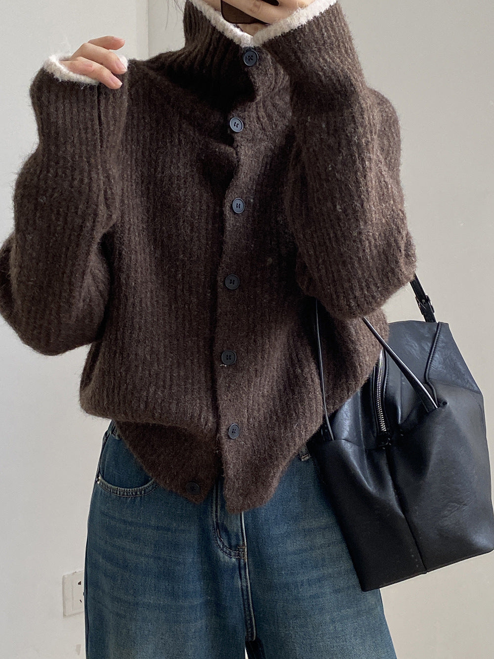 (48H出貨)韓系慵懶撞色翻領單排扣毛衣開衫外套-4色