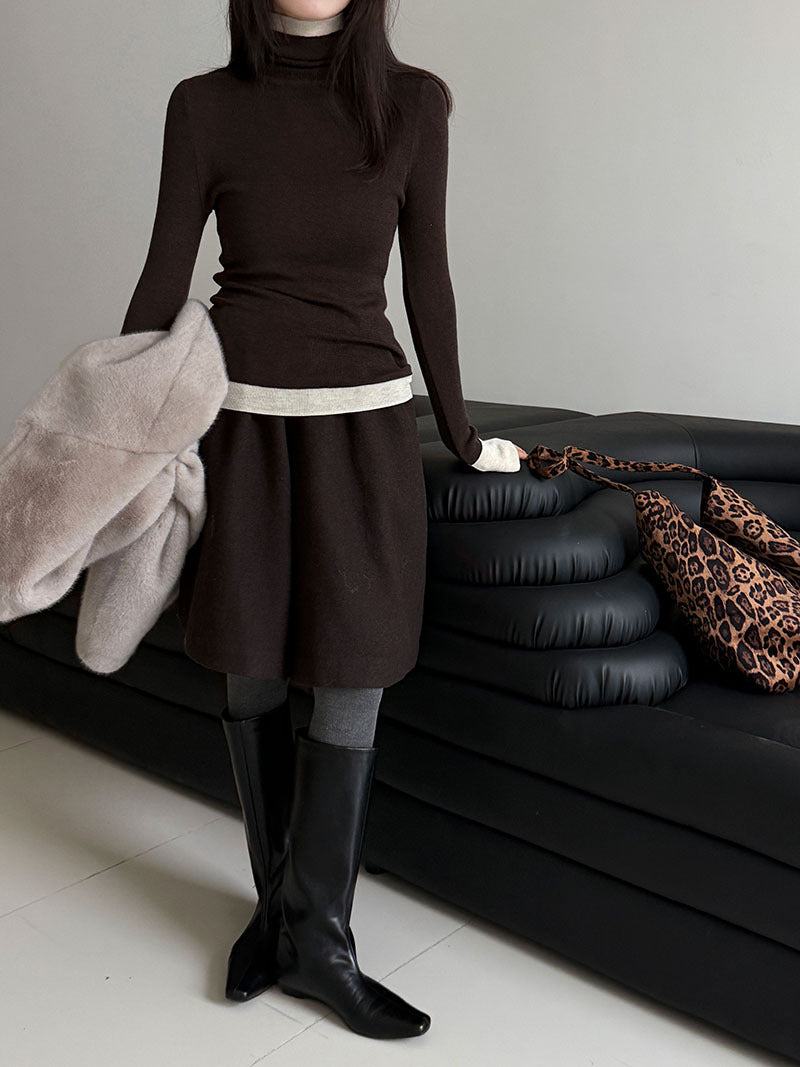 修身顯瘦軟糯撞色高領打底針織衫-3色