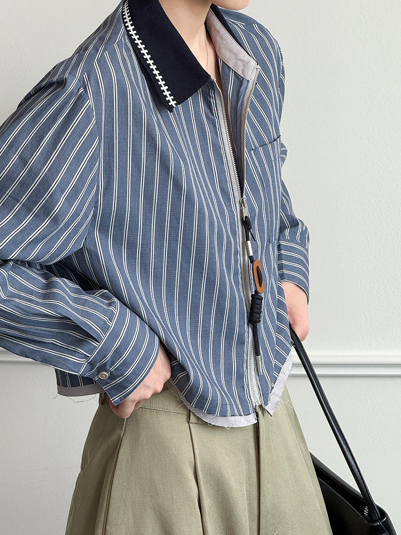 復古深藍條紋寬鬆休閒長袖襯衫