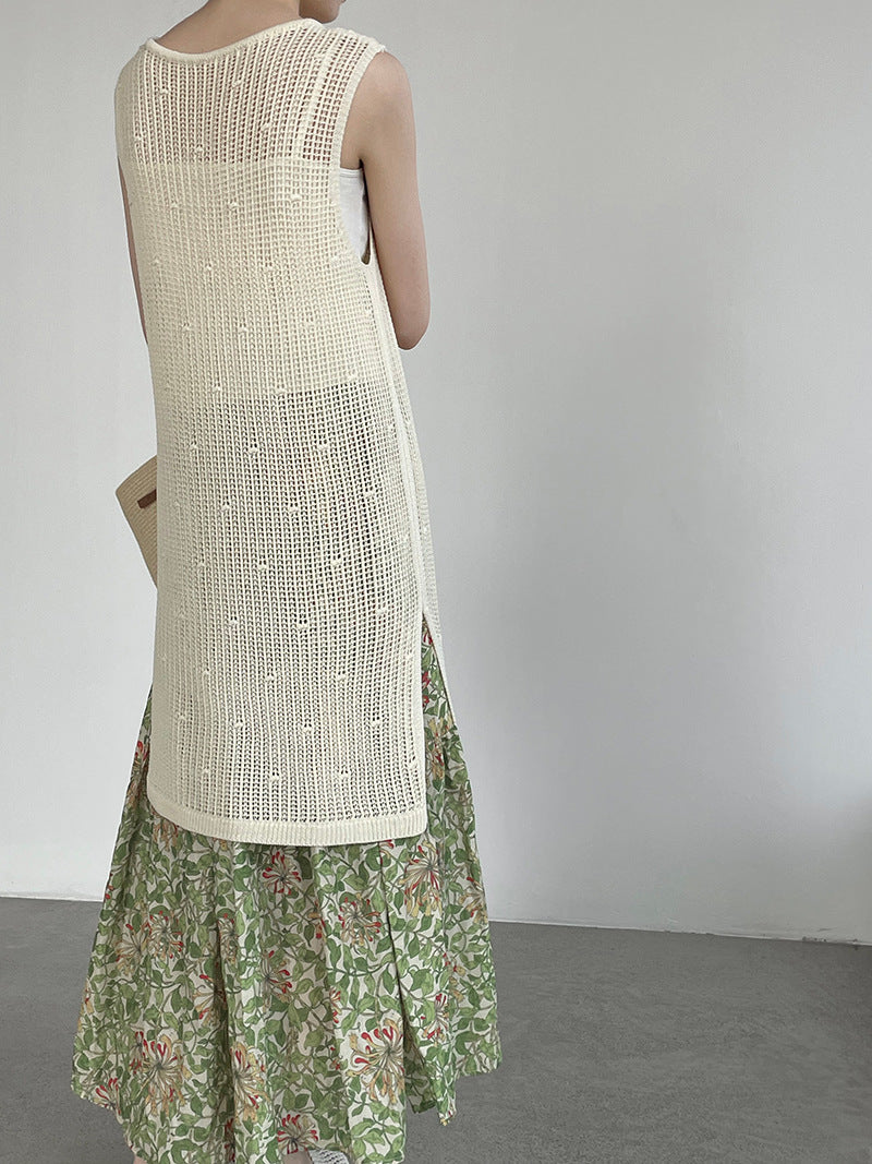 韓系側開叉圓領疊穿鏤空中長背心連身裙-4色