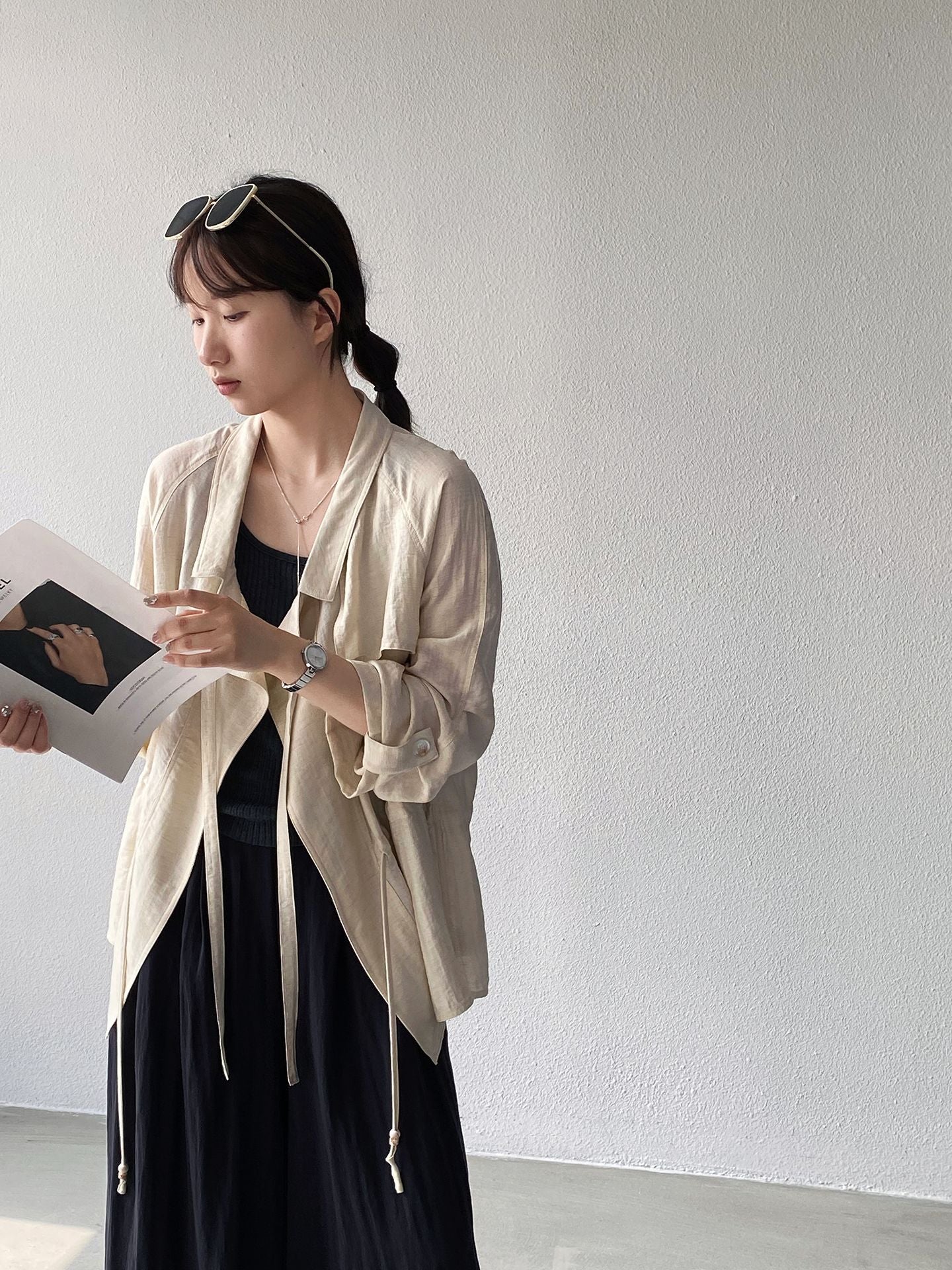 法式杏色亞麻收腰防曬襯衫